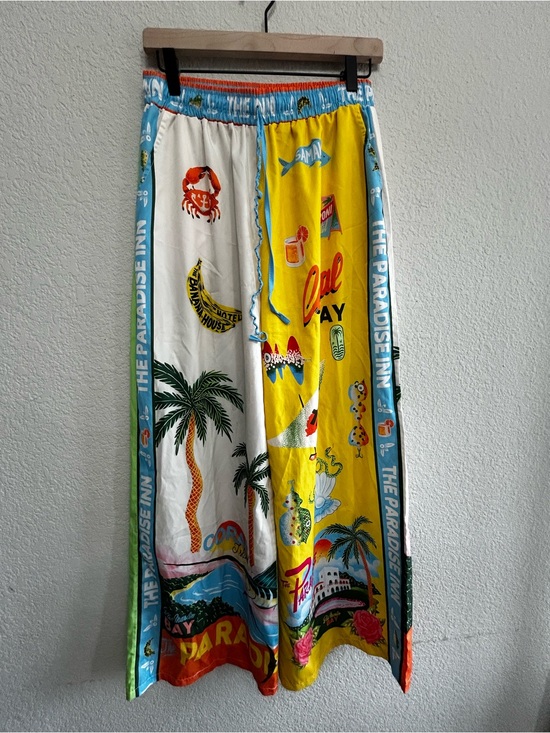 The Paradise Inn Pants - The Paradise Inn Pants Womens L Wide Leg Tropical Resort Split Color Graphic